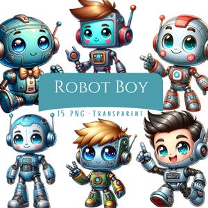 May include: A collection of six cartoon robot illustrations in various poses. The robots are primarily blue, silver, and red, with large, expressive eyes. The image includes the text "ROBOT BOY" and "15 PNG - TRANSPARENT".