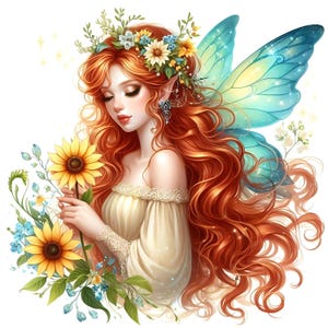 Pacote com 15 clipart de fadas ruivas encantadas em JPG, lindas fadas ruivas, download digital de páginas para impressão de garotas tropicais, artesanato em papel