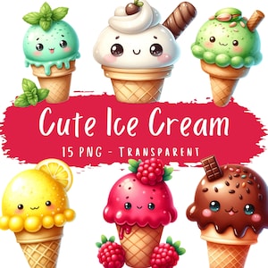 Pacote de clipart fofo de sorvete 15 PNG de alta qualidade aquarela sorvete de verão download digital sobremesas doces para impressão imagens de diário de lixo