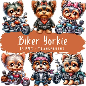 Biker Yorkie Clipart Bundle 15 PNG High Quality Cartoon Yorkshire Terrier Digital Download Printable Stickers Cute Biker Dog Sublimation