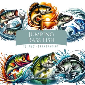 Jumping Bass Fish Clipart Bundle 12 PNG Splashing Watercolor Fish Graphics Colorful Fish Clip Art Digital Download Junk Journal Printables