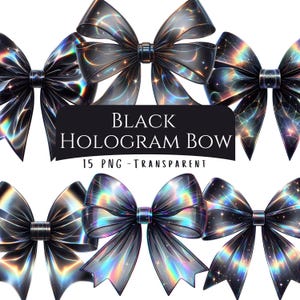 Könnte beinhalten: Eine Sammlung schwarzer Hologramm-Schleifen mit schillernden Highlights und glänzendem Finish. Die Schleifen sind in einem Muster angeordnet, mit dem Text "BLACK HOLOGRAM BOW" und "15 PNG - TRANSPARENT" auf einem schwarzen Banner.