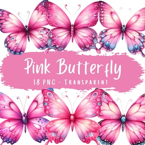 Paquete de 18 imágenes prediseñadas de mariposas rosas: acuarela de alta calidad, lindas mariposas pastel, archivos imprimibles digitales, gráficos para scrapbooking.