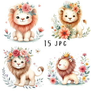 15 JPG Little Floral Lion Clipart Bundle Digital Download Cute Safari Nursery Lion Printables Digital Download Paper Crafts DIY Babyshower