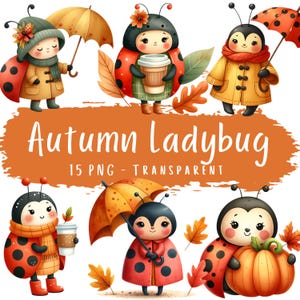 Bundle de 15 cliparts coccinelle automne PNG aquarelle mignon feuille d'automne coccinelle Decor téléchargement numérique automne saison autocollant imprimable décoration de chambre d'enfant