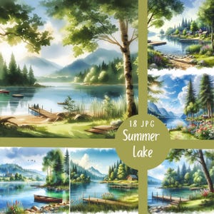 18 JPG Summer Lake Digital Art Bundle Watercolor Painting Summer Landscape Digital Download Water Lake Blooming Green Summer Printable Pages