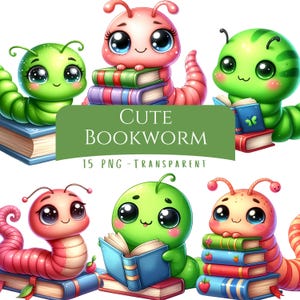 May include: A digital illustration featuring several cartoon bookworms in various colors, including green, pink, and orange. Each worm has large eyes and is either reading a book or sitting on a stack of books. The image includes the text "CUTE BOOKWORM" and "15 PNG - TRANSPARENT".