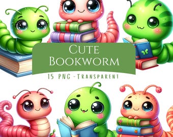 Cute Bookworm Clipart Bundle 15 PNG High Quality Cartoon Cute Nerd Book Lover Worm with Glasses Book Worm Digital Download Printable Art