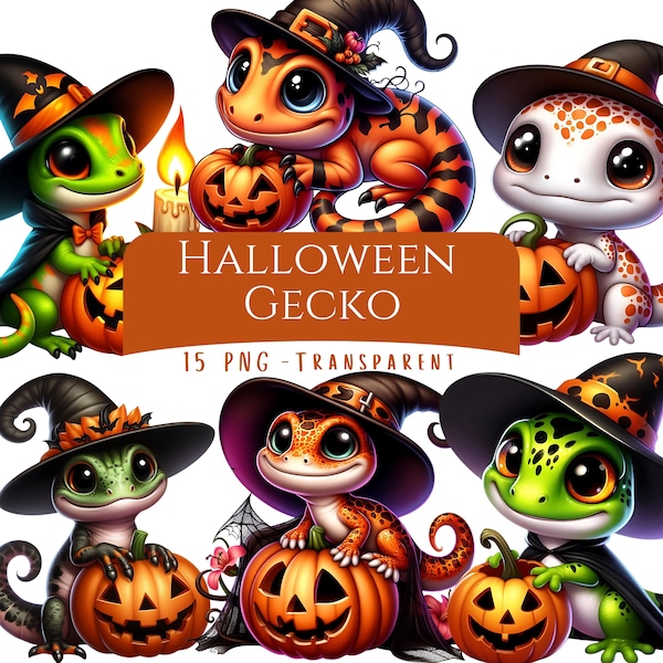 Halloween Gecko Clipart Bundle 15 PNG High Quality Little Spooky Gecko Digital Download Halloween Sublimation Design Baby Reptile Clip Art