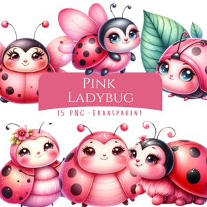 Pink Ladybug Clipart Bundle 15 PNG High Quality Watercolor Little Pastel Bug Digital Download Printables Cute Pink Insect Scrapbooking Art