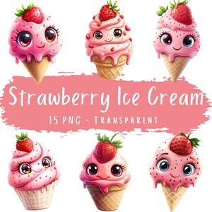 Paquete de imágenes prediseñadas de helado de fresa, 15 archivos PNG de descarga digital, lindos clipart de verano, postres de bayas, caras de helado Kawai, uso comercial