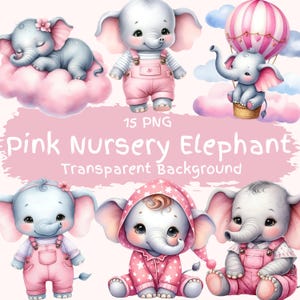 Paquete de 15 imágenes prediseñadas de elefante rosa para guardería, de alta calidad, en acuarela, para baby shower, para imprimir con elefante rosa, para descargar digitalmente