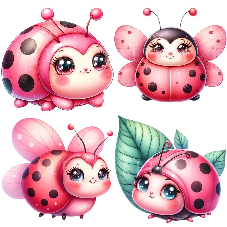 Pink Ladybug Clipart Bundle 15 PNG High Quality Watercolor Little ...