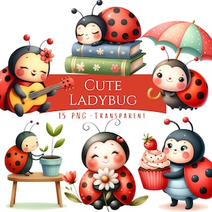 Cute Ladybug Clipart Bundle 15 PNG Watercolor Cute Nursery Ladybug Decor Digital Download Book Lover  Printable Stickers Digital Scrapbook