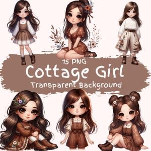 Cottage Girl Clipart Bundle 15 PNG High Quality Cartoon Chibi Cottagecore Sleek Boho Neutral Quirky Girl Cute Brunette Digital Download Art