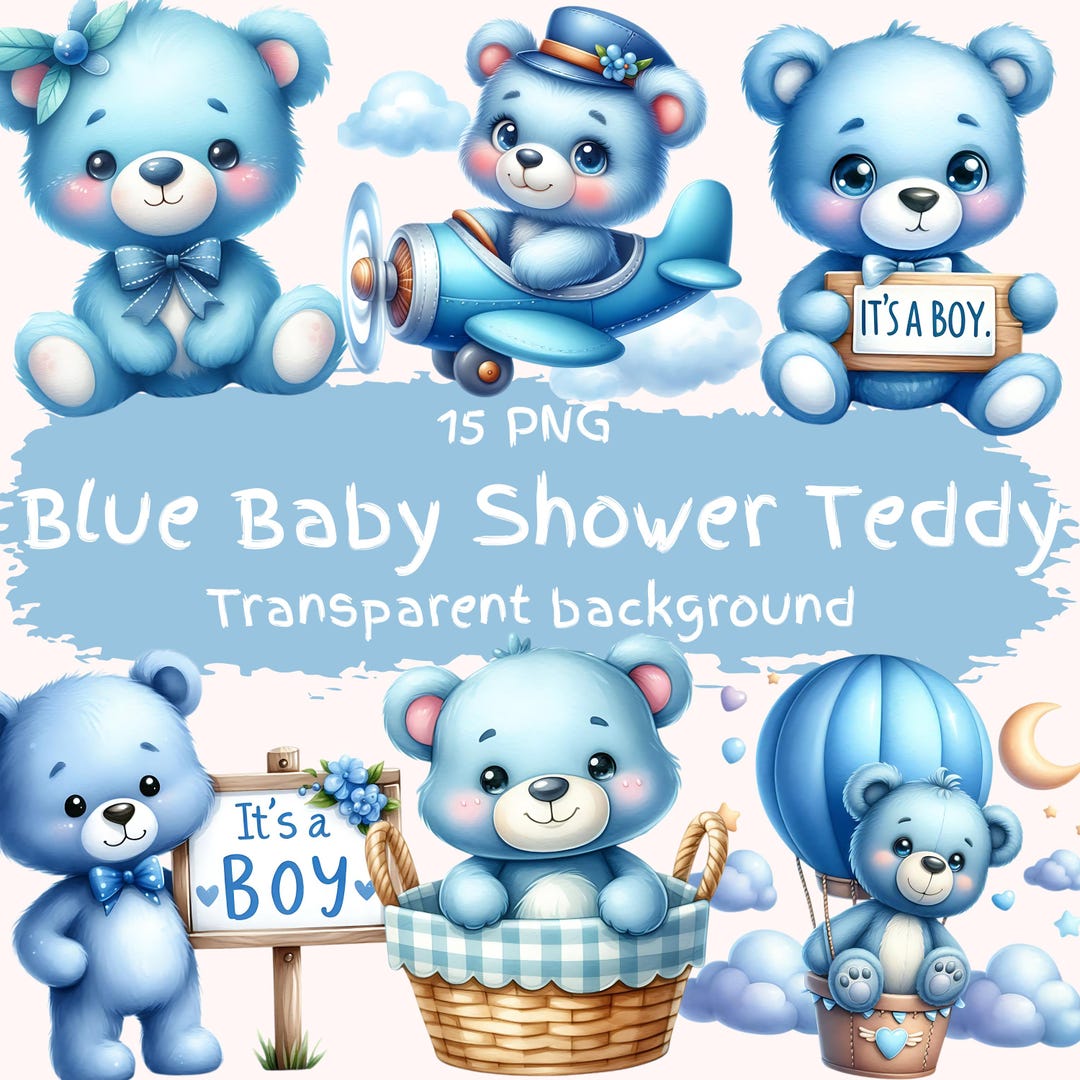 Blue Baby Shower Teddy Clipart Bundle 15 PNG High Quality Watercolor ...