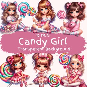 Candy Girl Clipart Bundle 12 PNG High Quality Cartoon Cute Quirky Sweet Lolipop Girl Candyland Princess Digital Download Paper Craft Pngs