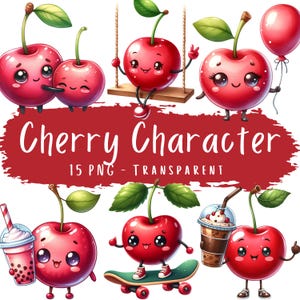 Paquete de 15 imágenes prediseñadas de personajes de cerezas, acuarela, lindas caras de frutas, descarga digital, manualidades de papel para niños, pegatinas imprimibles, decoración para fiestas