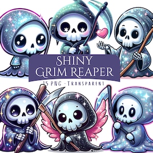May include: A set of cartoon Grim Reaper illustrations. Each reaper has a skull face, a hooded cloak, and a scythe. The images have a shiny, glittery effect and include a heart and wings. Text reads "Shiny Grim Reaper 15 PNG - Transparent."