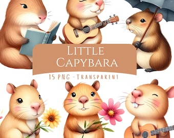 Little Capybara, 15 PNG Clipart Bundle, Watercolor Woodland Animal, Digital Download, Cute Baby Animals, Quirky Forest, Printable Stickers