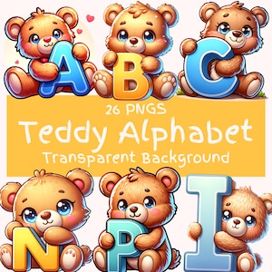 Paquete de imágenes prediseñadas del alfabeto de osito de peluche, 26 PNG, lindo osito de peluche con letras, diseños imprimibles para guardería, gráficos de sublimación para uso comercial