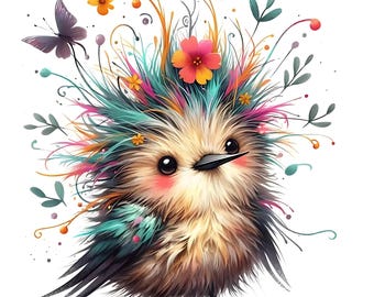 Può includere: Un'illustrazione stravagante di un uccello soffice con una colorata serie di piume e accenti floreali. L'uccello presenta un mix di tonalità marroni, verde acqua, rosa e gialle, con una farfalla e ramoscelli di foglie. L'uccello ha un'espressione dolce con guance rosee.