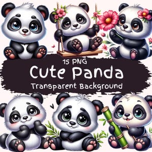 Cute Panda Clipart Bundle 15 PNG Cute Baby Panda Alta Qualidade Digital Download Printable Panda Bundle Gráficos Digitais Kawaii Bamboo Panda