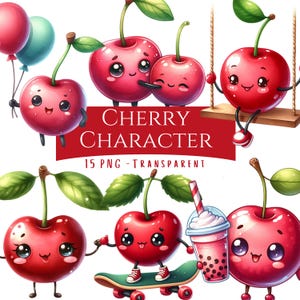 Pode incluir: Uma coleção de personagens de cerejas de desenho animado com rostos sorridentes, caules verdes e folhas. Algumas cerejas seguram balões, andam de skate ou balançam. A imagem inclui o texto "CHERRY CHARACTER" e "15 PNG - TRANSPARENT" em uma faixa vermelha.