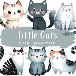 Pacchetto di 15 Clipart di gattini PNG di alta qualità, acquerello, gatto carino, download digitale, stampabili per bambini, carta per lavoretti, decorazioni per la cameretta dei bambini, regalo per gli amanti dei gatti.