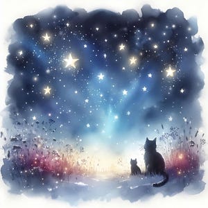 18 JPG Sterrennacht kitten digitale kunst bundel aquarel olieverfschilderij nacht sterren landschap digitale download dromerig veld met kat JPG's