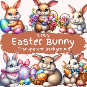 Lot de 12 cliparts lapin de Pâques PNG haute qualité aquarelle lapin mignon en téléchargement numérique Pâques imprimable Art artisanat numérique fabrication de cartes