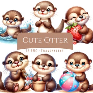 Cute Otter Clipart Bundle 15 PNG High Quality Watercolor Woodland Baby Animal Otter Digital Download Cute Sea Animals Cute Kids Printables