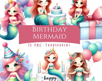 Birthday Mermaid Clipart Bundle 15 PNG Watercolor Cute Little Birthday Mermaid Decor Digital Download Magical Sea Party Printables Wall Art