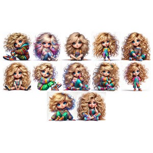 May include: A collection of digital art images featuring adorable cartoon dolls with large blue eyes and voluminous blonde curly hair. The dolls are dressed in colorful outfits, including overalls, sweaters, and sneakers, in various poses.