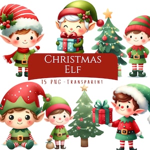 Op de afbeelding: Een verzameling kerstelf-illustraties. De elfen worden in verschillende poses afgebeeld, gekleed in groene en rode outfits met hoeden. Sommige elfen houden cadeaus vast en staan ​​in de buurt van versierde kerstbomen. De tekst "CHRISTMAS ELF" en "15 PNG - TRANSPARENT" is inbegrepen.