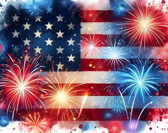 15 JPG 4th of July Fireworks Clipart Bundle Watercolor American Flag Digital Download Clipart Printable Indepenence Day Digital Graphics