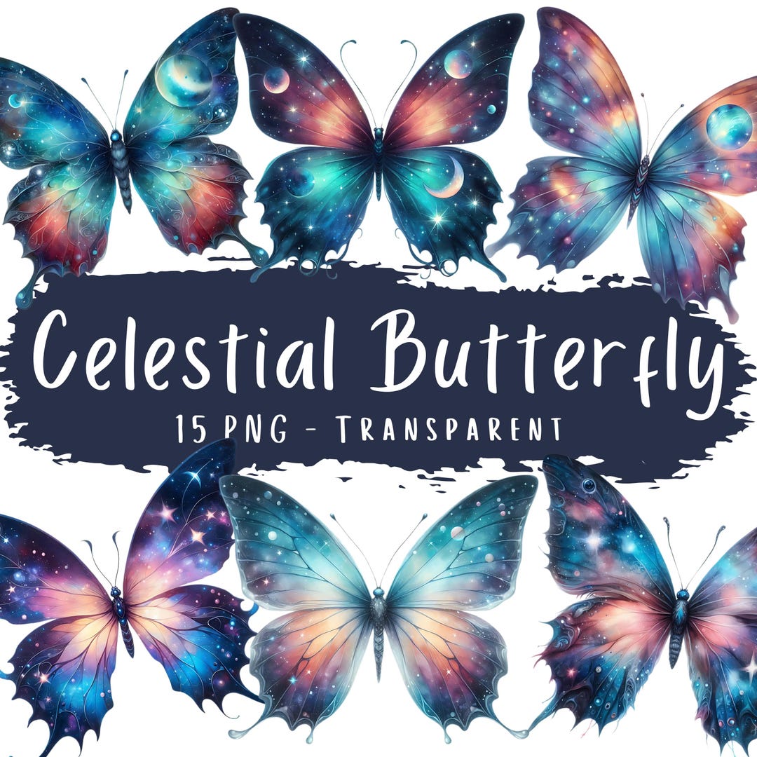 【G5943】COSMIC BUTTERFLY/DOOSYCOOKIE Celestial Butterfly Clipart Bundle 15 PNG Watercolor Cosmic Galaxy