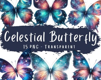 Hemelse vlinder clipart bundel 15 PNG aquarel kosmische Galaxy vlinder digitale download afdrukbare bestanden scrapbooking ruimte graphics