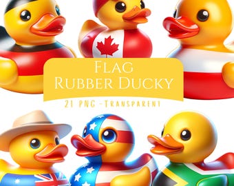 Paquete de 15 imágenes prediseñadas de patitos de goma con banderas, archivos PNG de alta calidad para dibujos de patos, lindos diseños digitales, álbumes de recortes, diarios basura, manualidades digitales