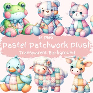 Pacote de clipart de animais de pelúcia em patchwork pastel 15 PNG de alta qualidade aquarela berçário animal brinquedos de pelúcia clip art pacote bonito artesanato digital