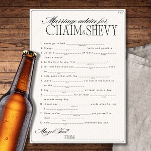 May include: A printable wedding advice card for a couple named Chaim and Shevy. The card has a list of 12 marriage advice prompts with blank lines for guests to fill in.