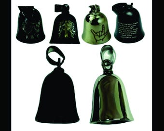 May include: An image showcasing custom bells with options for wording, sayings, or logos. The bells come in powder coat and polished stainless steel finishes. Several bell designs are displayed, including one with the text "R&T" and another with a hand gesture.