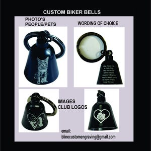 custom photo bell, gremlin bell, biker bell, animals, people and wording
