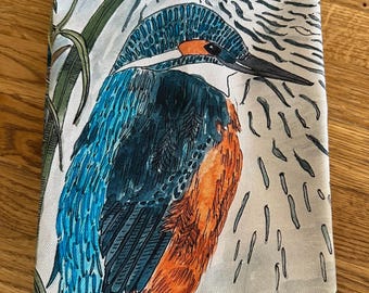 Kingfisher Tea Towel | British Bird Design | Coastal Home Gift | Hand-Printed in the UK