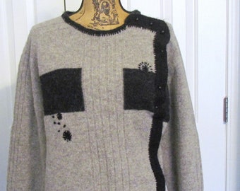 Upcycled Repurposed OOAK Embroidered Gray and Black Wool Sweater