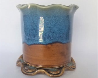 Planter Toothbrush Holder Set Amber and Blue Pottery by Centered ClayWorks