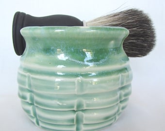 Shaving Mug, Soap, and Brush Set Emerald Green Handmade Pottery