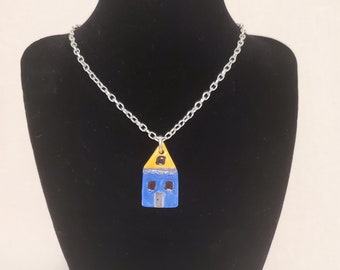 Blue House Handmade Pottery Bead Necklace Pendant