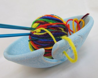 Yarn Bowl Soft Turquoise Knitting Crocheting Pottery Bowl