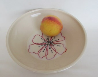 Red Poppy Flower Line Drawing Pottery Medium White Bowl